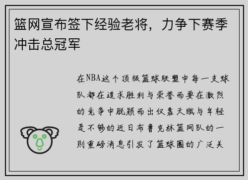 篮网宣布签下经验老将，力争下赛季冲击总冠军